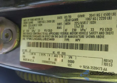 2020 Ford Escape Se z USA, uszkodzony, nr VIN 1FMCU9G66LUB23469